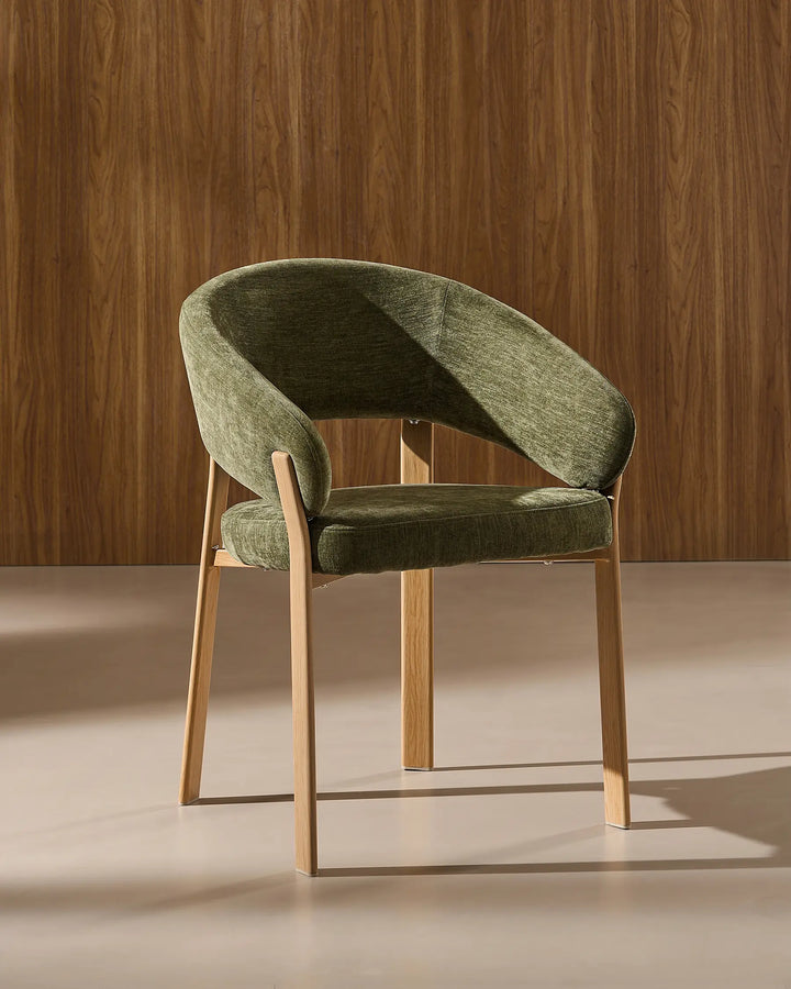 Front view of Bramley moss green and oak farmhouse dining armchair with wood effect legs