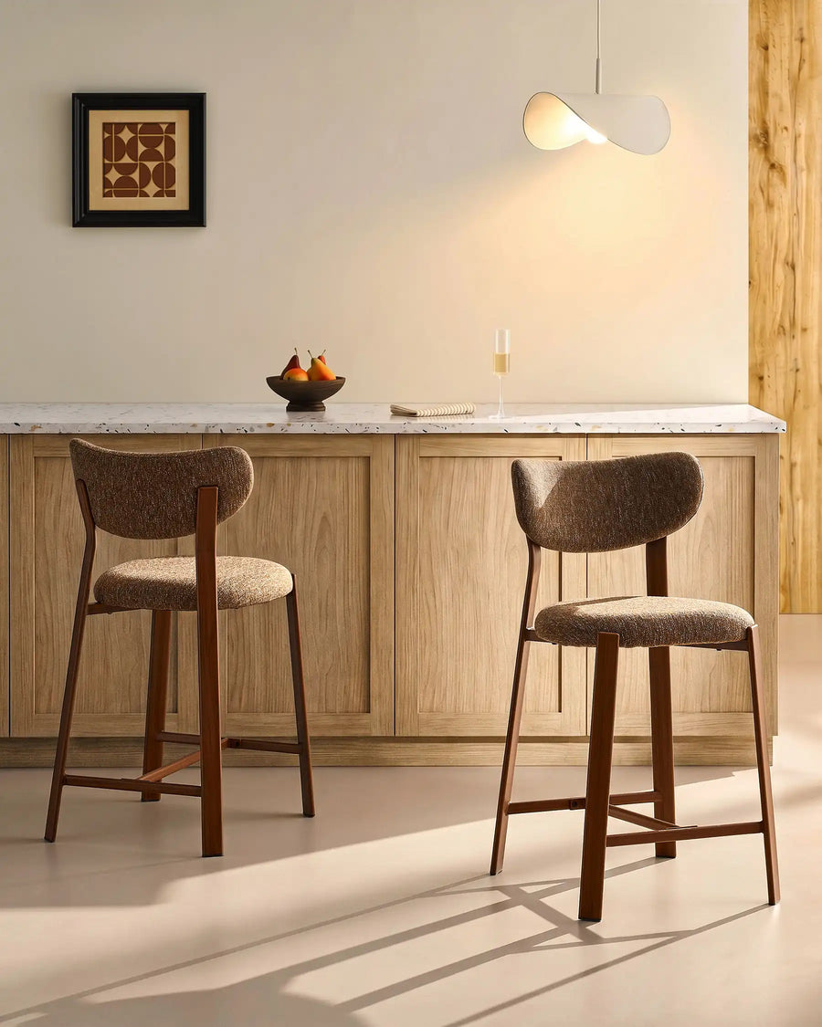 Pair of Bramley Walnut Bar Stools at a breakfast bar, rustic farmhouse seating with linen fabric upholstery