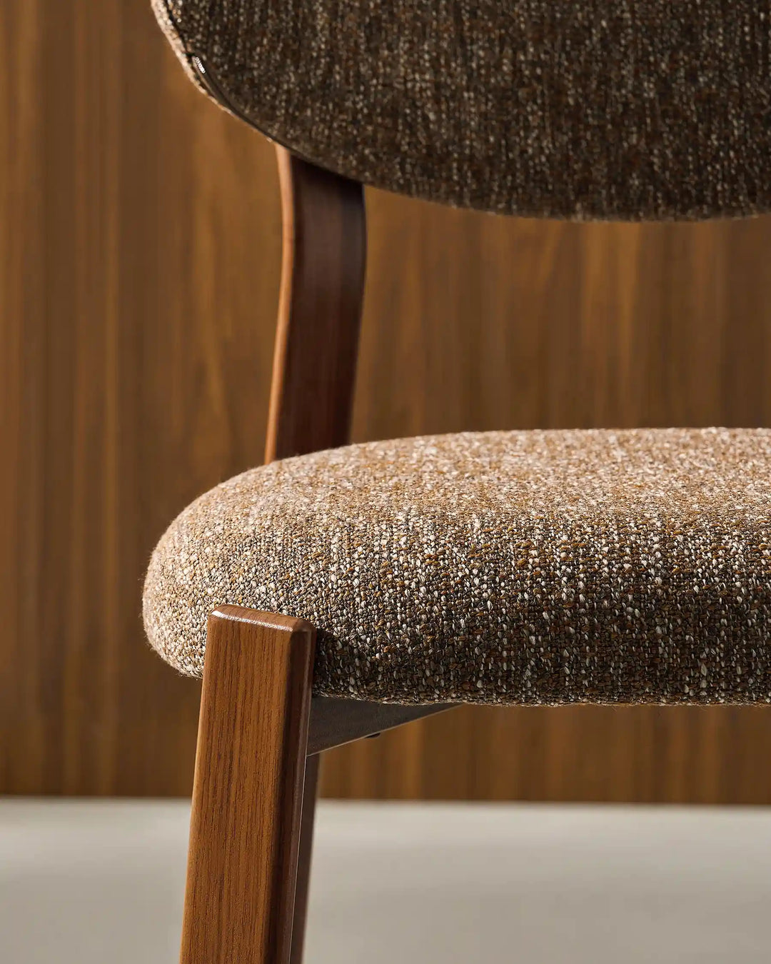 Thick padded seat detail of Bramley Walnut Bar Stool with comfortable linen fabric upholstery
