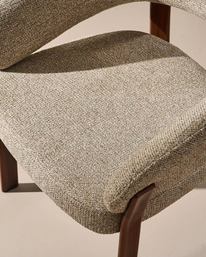 Top view of Bramley warm taupe and walnut upholstered dining armchair with soft textured chenille seat