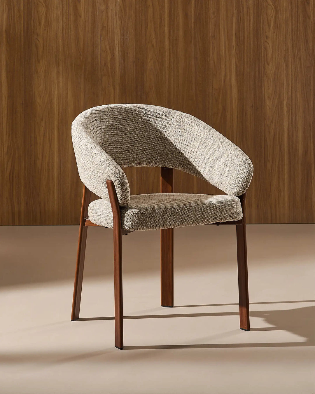 Front view of Bramley warm taupe and walnut farmhouse dining armchair with solid wood legs