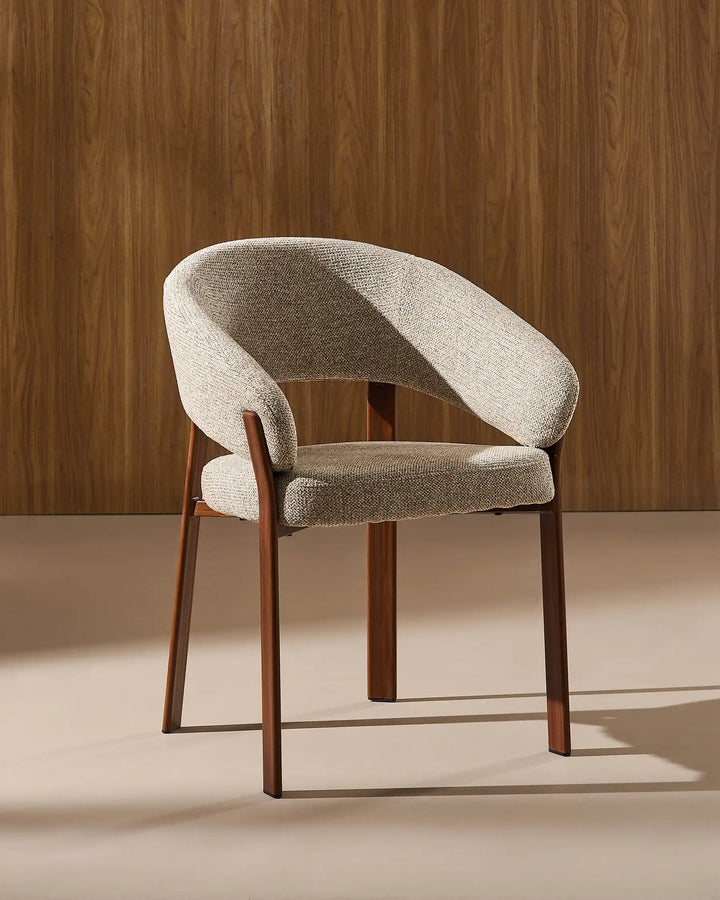 Front view of Bramley warm taupe and walnut farmhouse dining armchair with solid wood legs