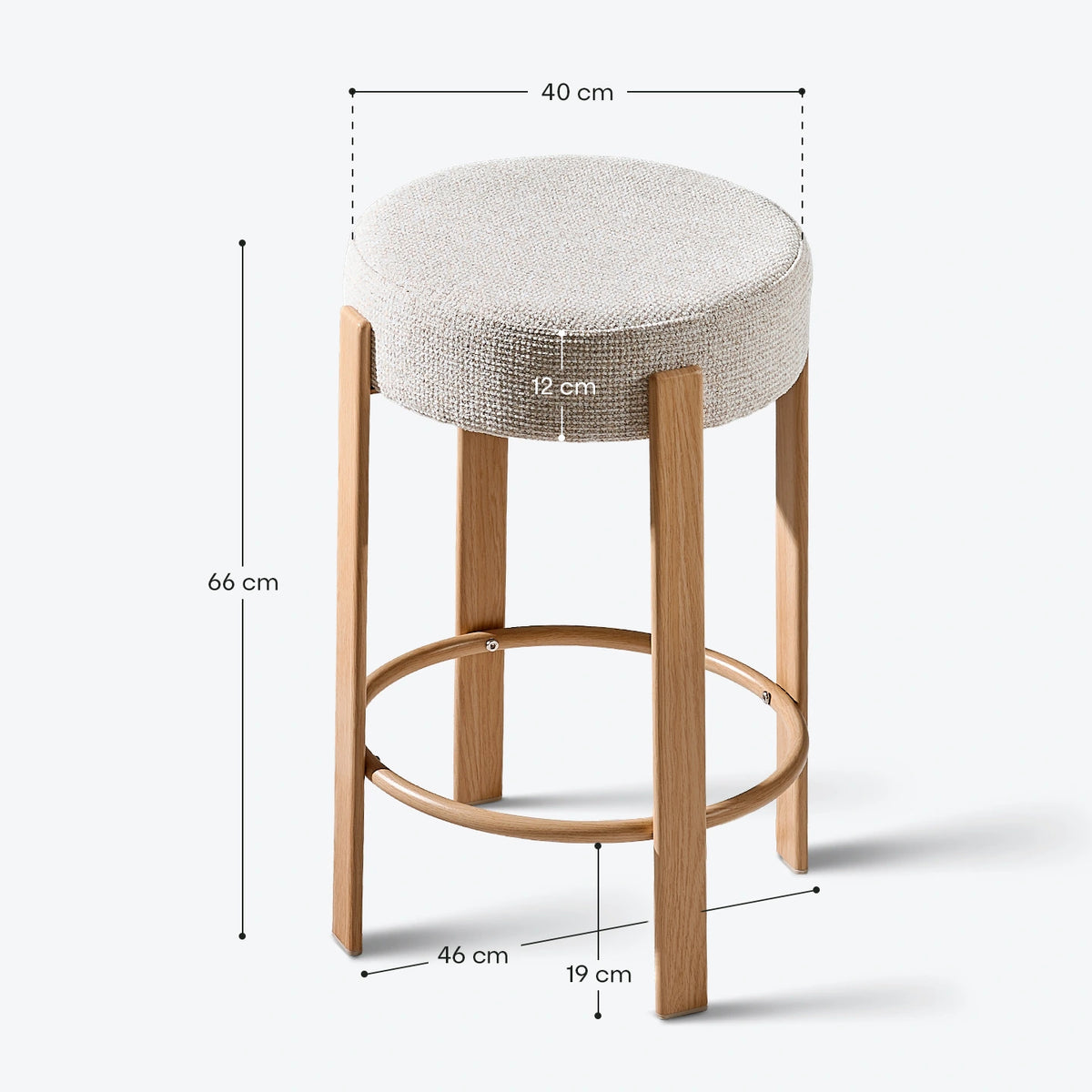 Bramley cream chenille backless bar stool dimensions showing the 40cm round seat and 68cm overall height
