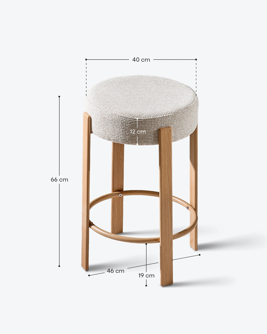 Bramley cream chenille backless bar stool with dimensions showing the seat diameter, overall height and footrest position