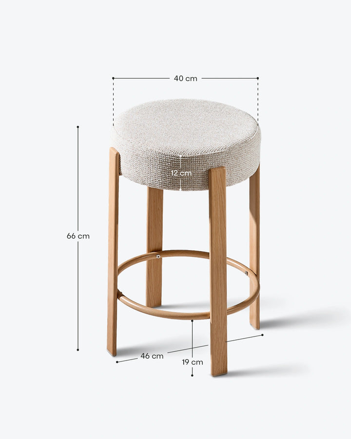 Bramley cream chenille backless bar stool with dimensions showing the seat diameter, overall height and footrest position