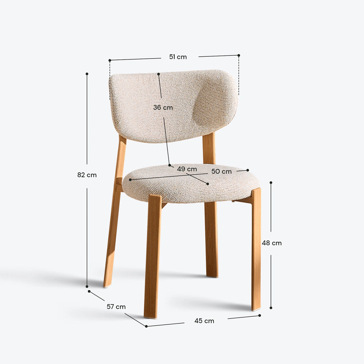 Bramley cream chenille dining chair measurement guide with labelled dimensions for the seat, backrest and wooden legs