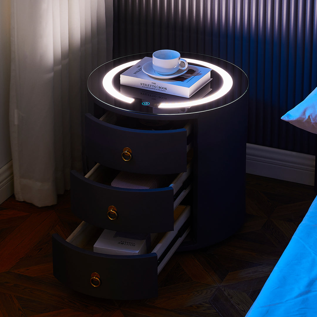 Brookline LED Light Bedside Table [Round] [with Charging Station]