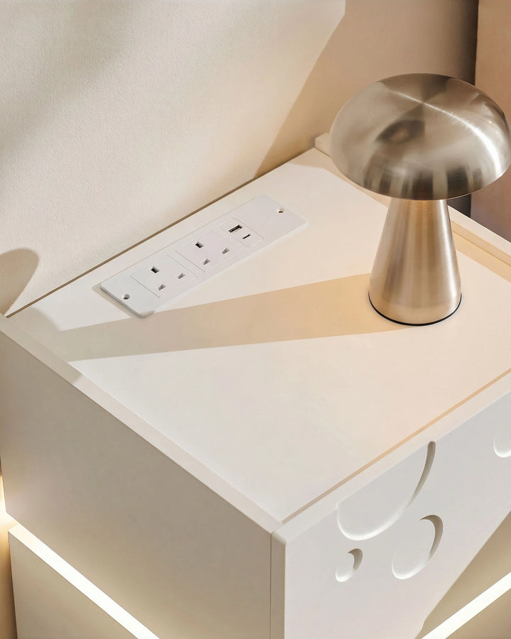 Built-in charging socket and USB port detail on the Bubbli bedside table top