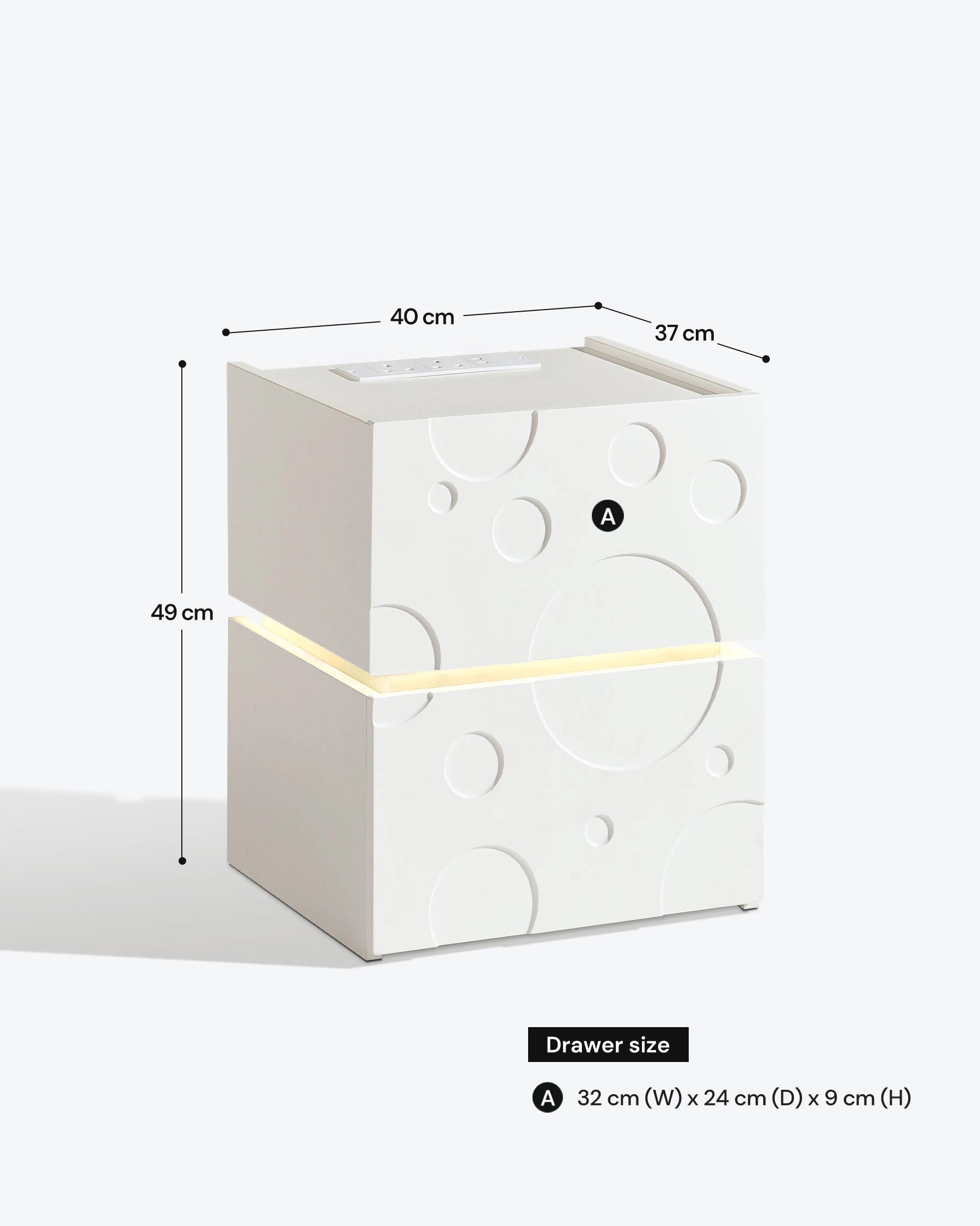 Bubbli white two-drawer LED bedside table dimensions and size guide