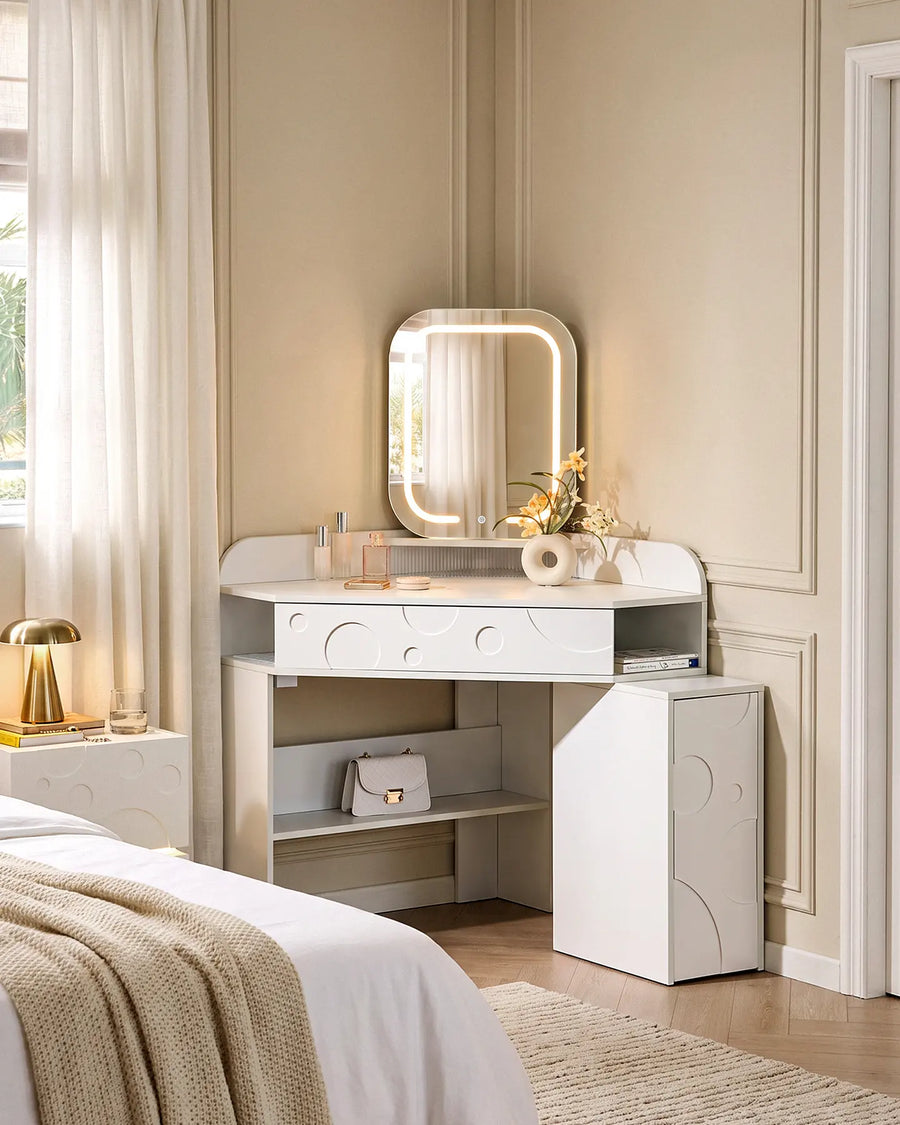 Corner dressing table with LED mirror and integrated storage in a modern bedroom