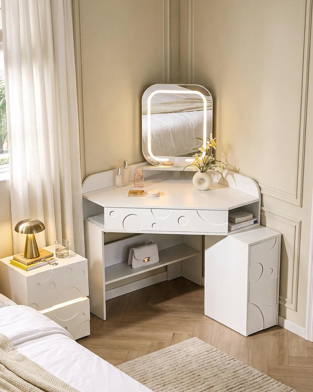 White corner dressing table with LED mirror, spacious drawer, open shelving and side storage cabinet