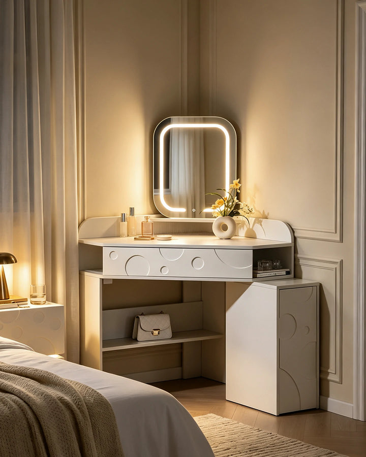 Corner dressing table with warm LED mirror creating a cosy evening ambience