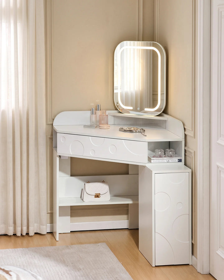 The Left angle of the Corner dressing table with warm LED mirror, showing the cheese-inspired design
