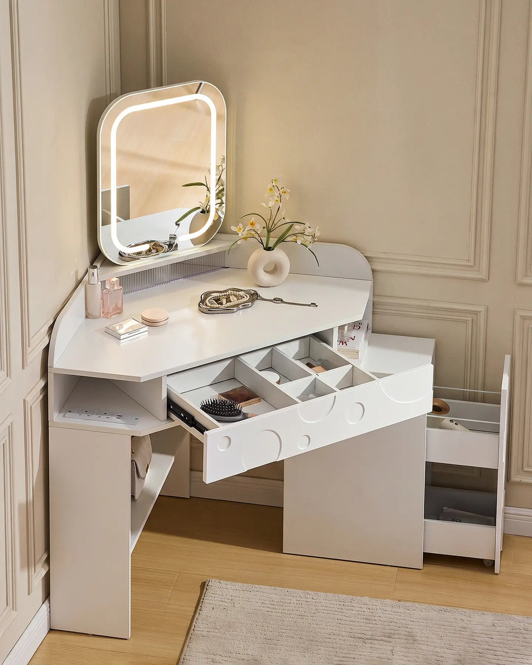 Corner dressing table with drawer open and cabinet slide, showing the compartments in the drawer and cabinet