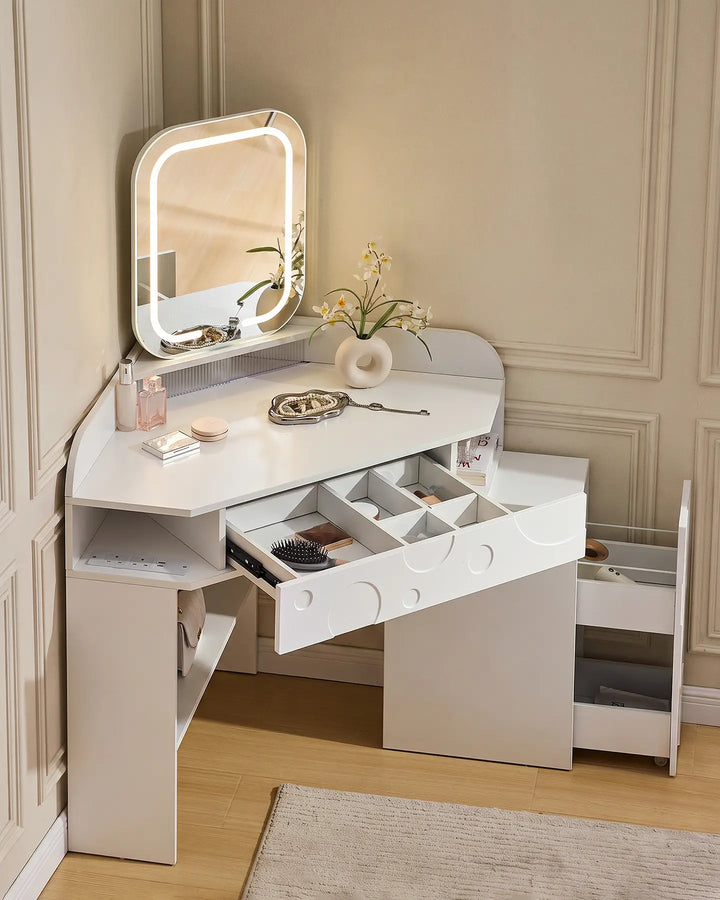 Corner dressing table with drawer open and cabinet slide, showing the compartments in the drawer and cabinet