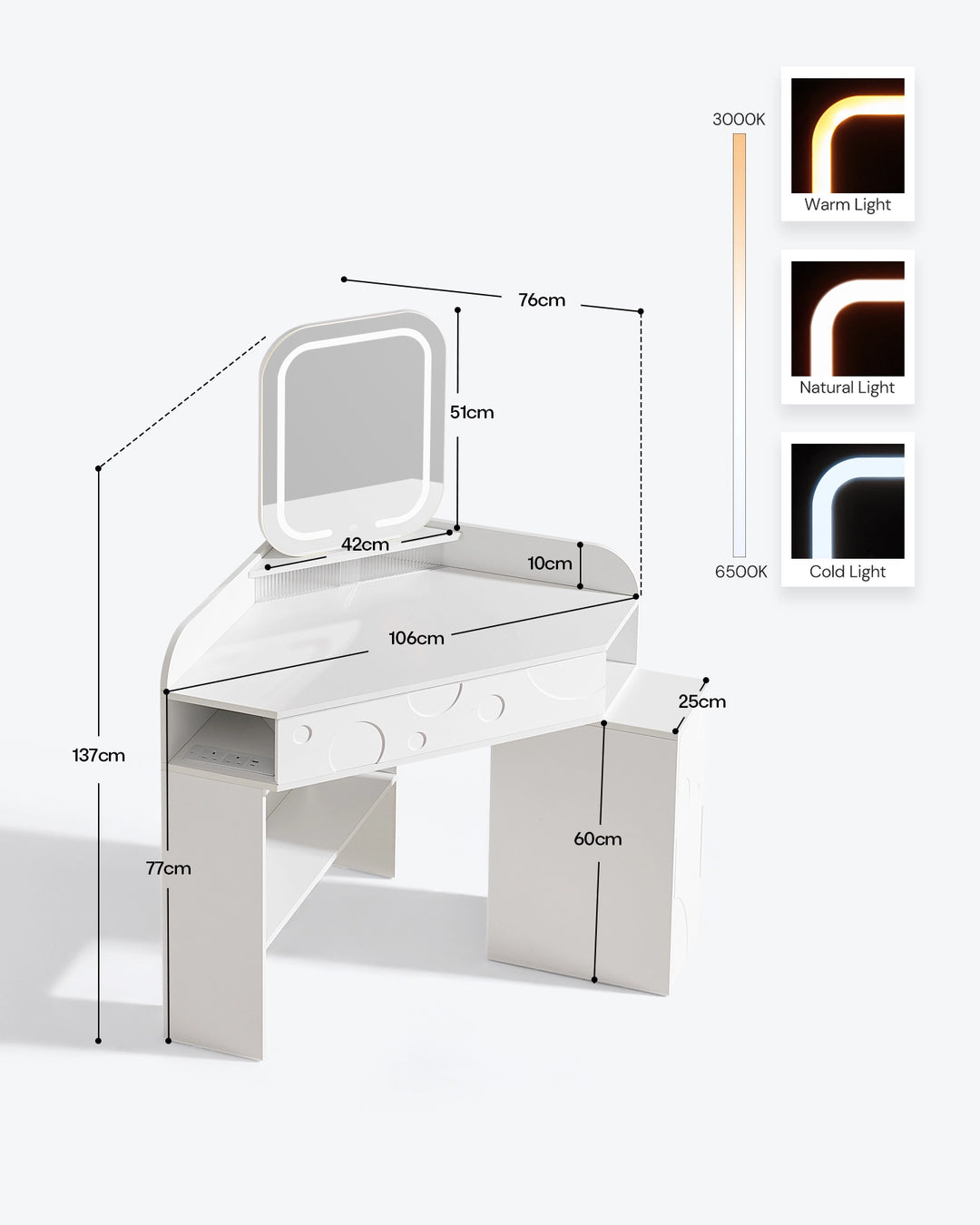 Dimensions of the white corner dressing table with LED mirror