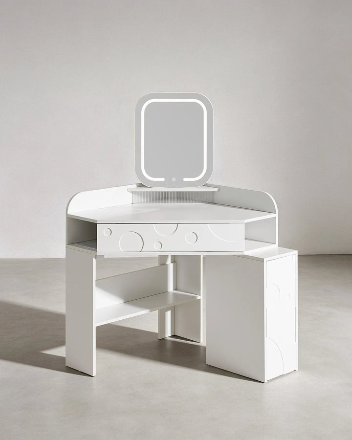 Front view of the white corner dressing table with LED mirror