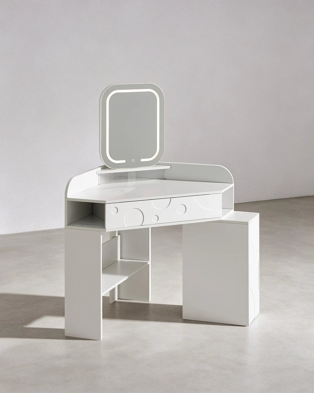 Front three-quarter view of the white corner dressing table with LED mirror