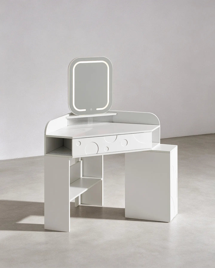 Front three-quarter view of the white corner dressing table with LED mirror