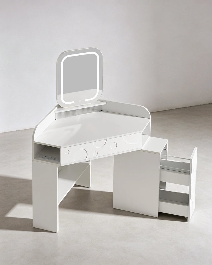 Front three-quarter view of the white corner dressing table with LED mirror, with the cabinet open