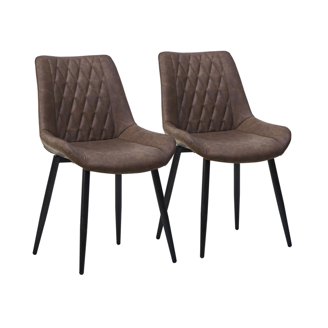 Carl Dining Chair, showing details of a set of 2 brown chairs - with diamond pattern backs and black metal legs, in a white background.