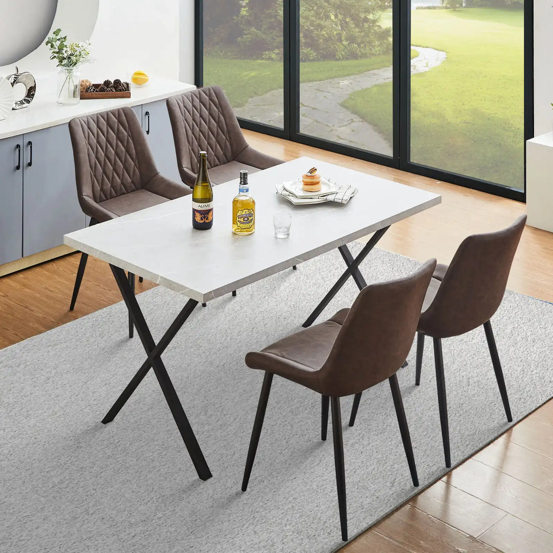 Carl Dining Chair - displaying a set of 4 brown chairs in the kitchen area, with a carpet on the floor, a rectangular dining table, a sideboard, a window to the outside, and other decorations