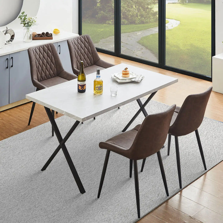 Carl Dining Chair - displaying a set of 4 brown chairs in the kitchen area, with a carpet on the floor, a rectangular dining table, a sideboard, a window to the outside, and other decorations