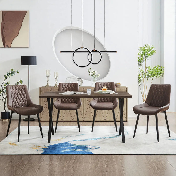 Carl Dining Chair - displaying a set of 4 brown chairs in the kitchen area, with a carpet on the floor, a rectangular dining table, a sideboard, and other decorations