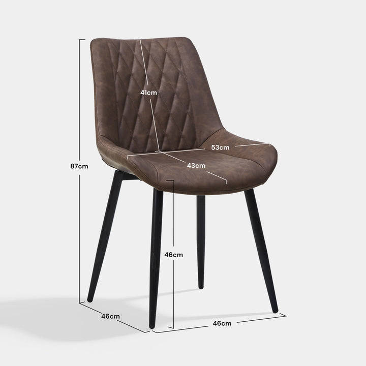 Carl Dining Chair - displaying the dimensions of a single brown chair, 46cm W x 46cm W x 87cm H, in a white background.