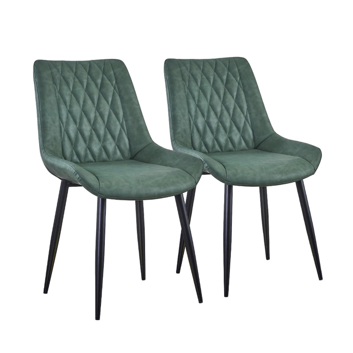 Carl Dining Chair - displaying a set of 2 green chairs, with diamond pattern backs and black metal legs, in a white background.