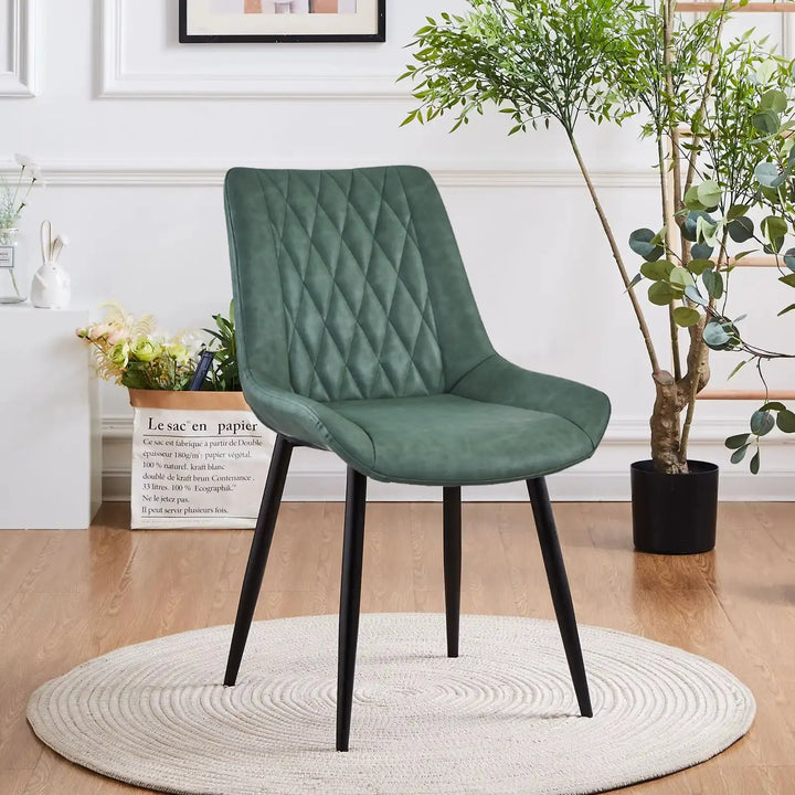 Carl Dining Chair - displaying a single green chair on a carpet, with a white wall and some decorations and plants.