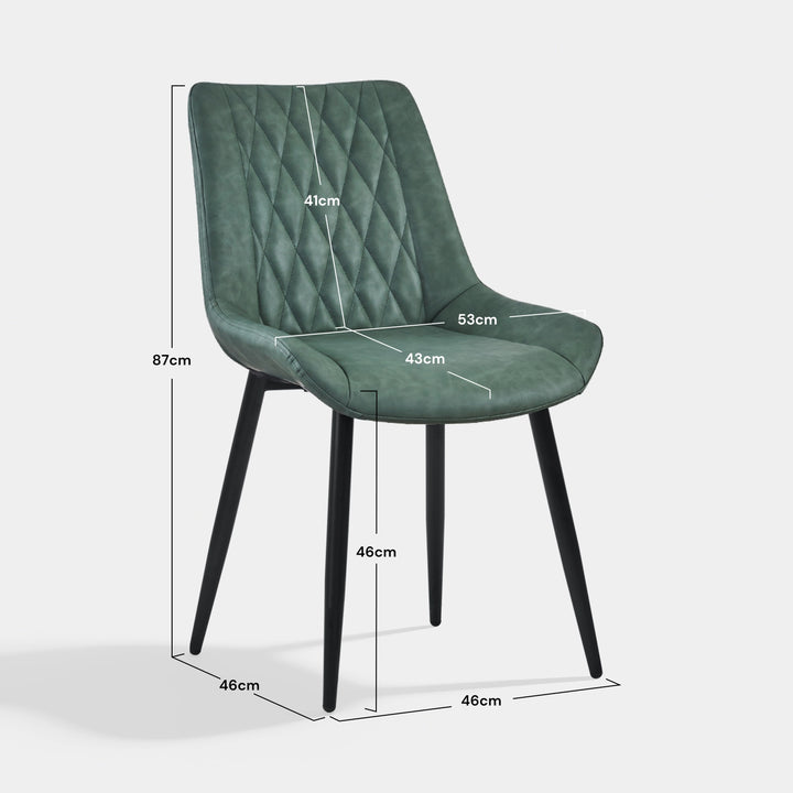 Carl Dining Chair - displaying the dimensions of a single green chair, 46cm W x 46cm D x 87cm H, in a white background.