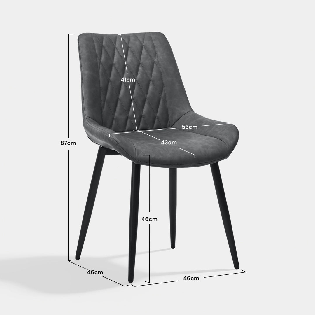 Carl Dining Chair - displaying the dimensions of a single grey chair, 46cm W x 46cm D x 87cm H, in a white background.