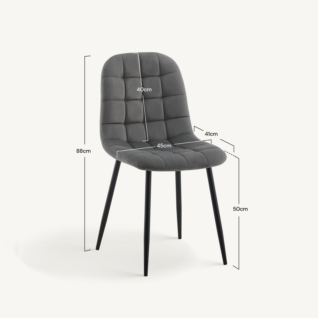 Grey Carson Velvet Dining Chair with detailed size and measurements diagram