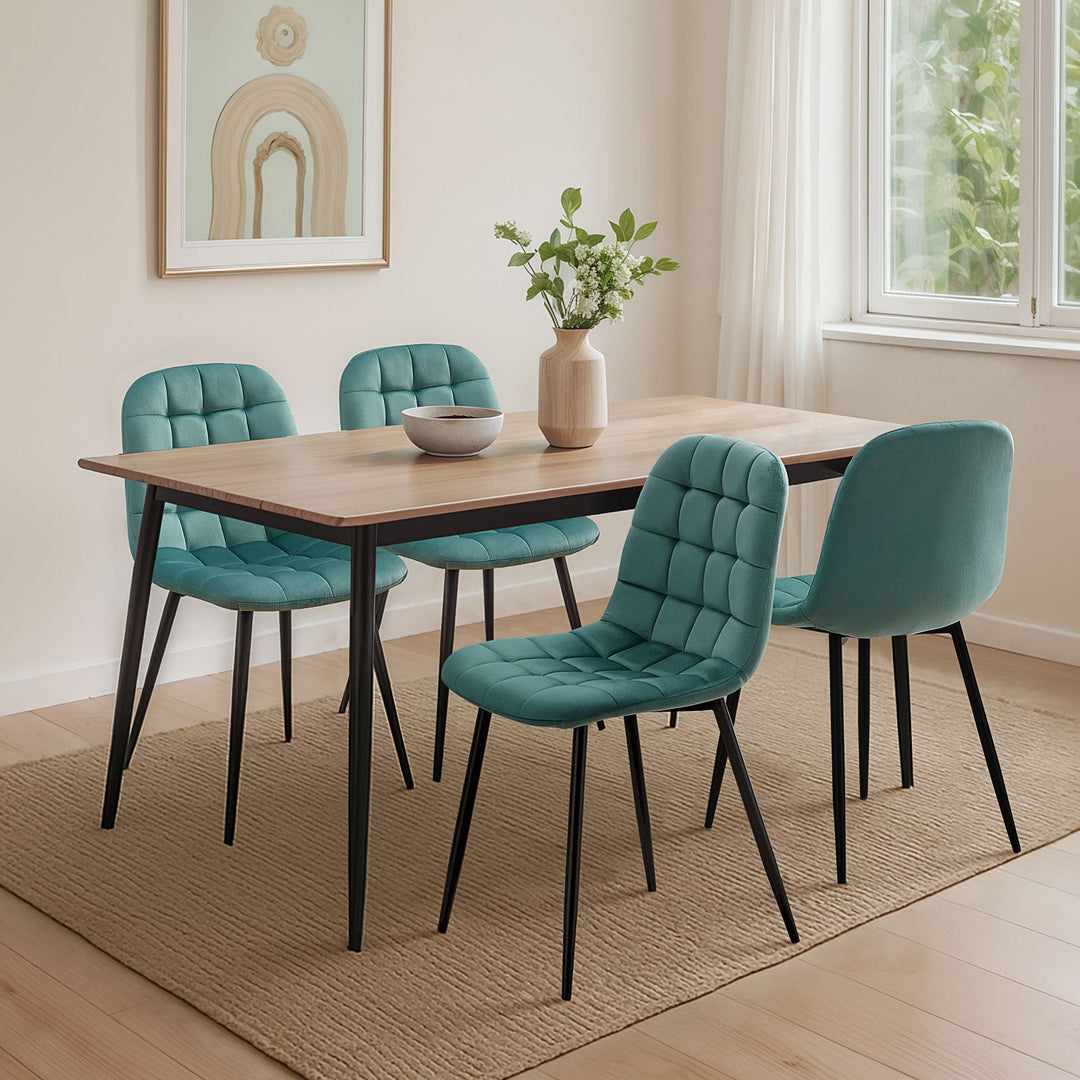 set of 4 teal Carson upholstered Dining Chairs with matching dining table in contemporary dining room