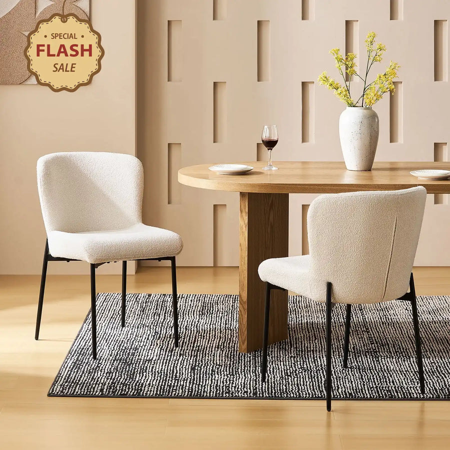 Celeste Boucle Dining Chairs with slim black metal legs