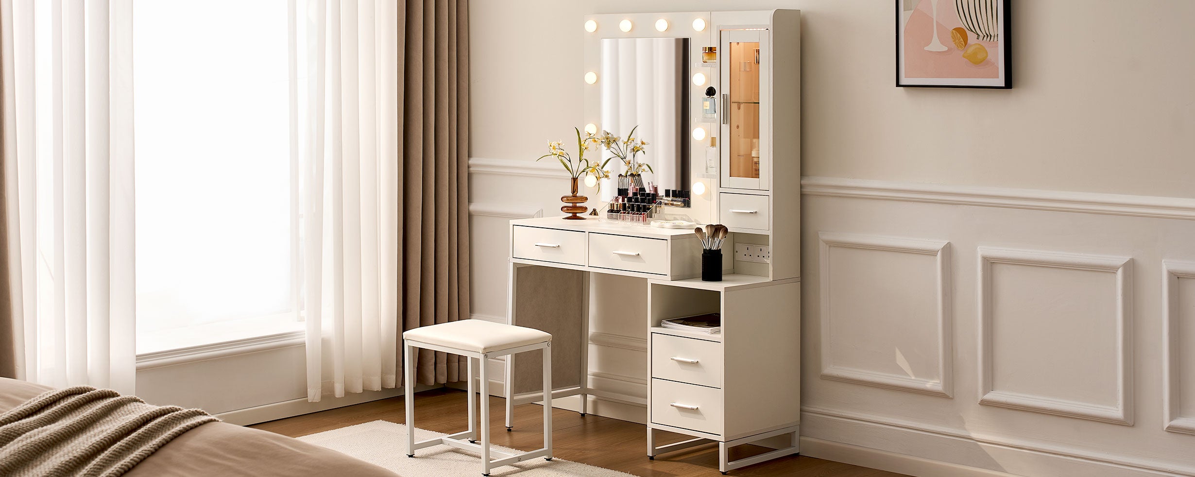 Dressing Table|White Vanity Table with Mirror,RGB Lights&Charging