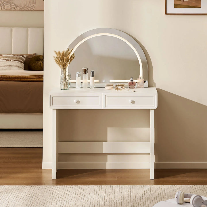 Ceris 2 Drawer Dressing Table with curved mirror and LED lights placed in the bedroom