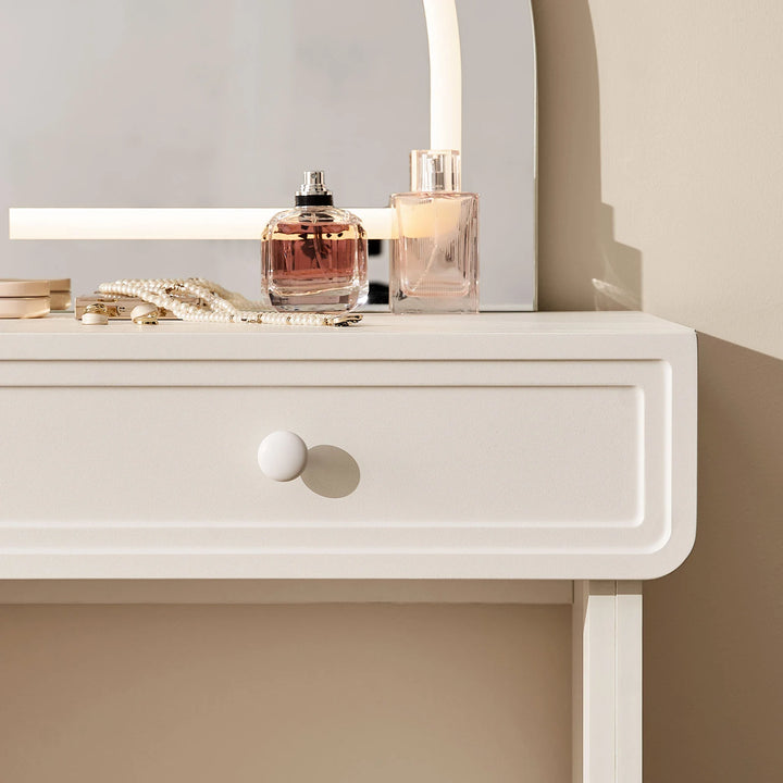 Ceris vanity table drawer panel with layered rustic design detail