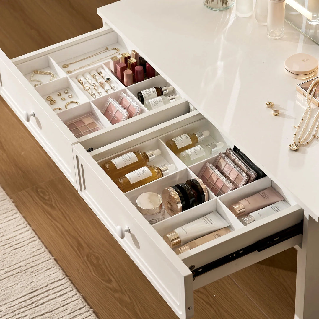 Top view of Ceris vanity table with two open drawers showing spacious makeup storage