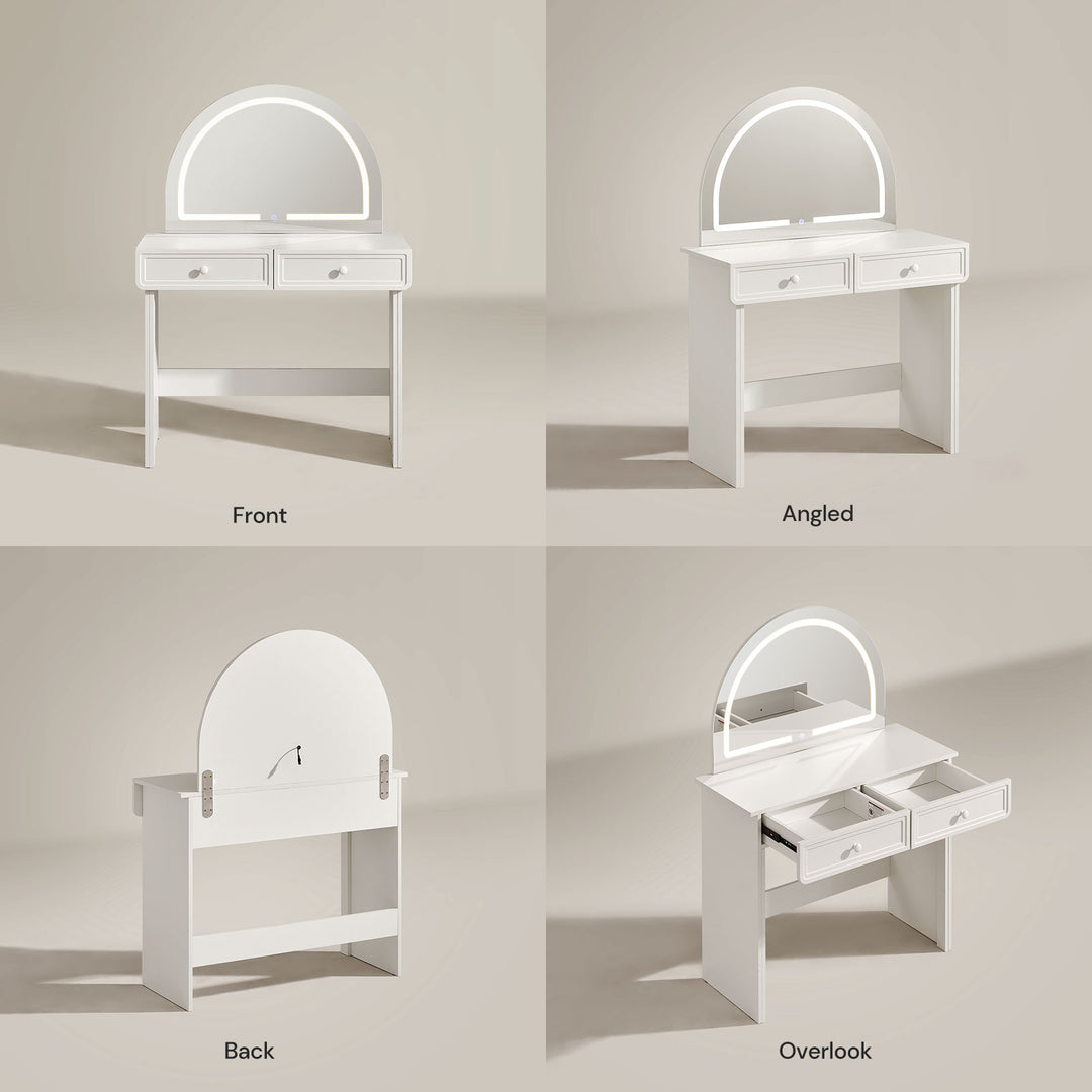 Multi-angle view of Ceris vanity table with curved mirror and storage drawers
