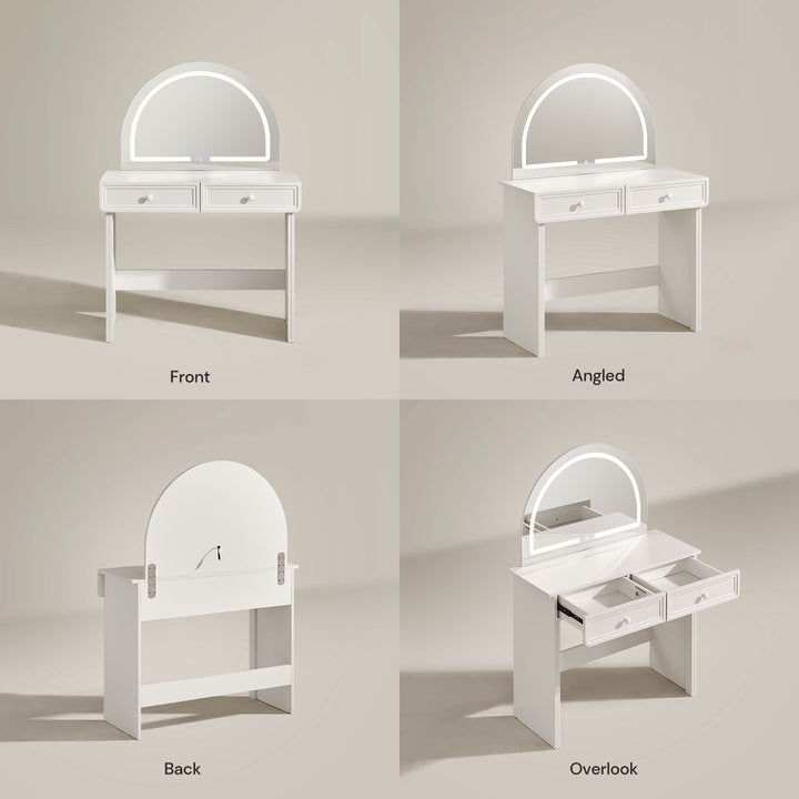 Multi-angle view of Ceris vanity table with curved mirror and storage drawers
