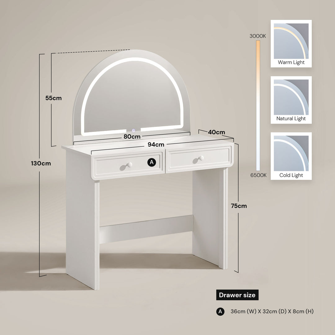 Ceris dressing table dimensions and three-colour LED light effects.