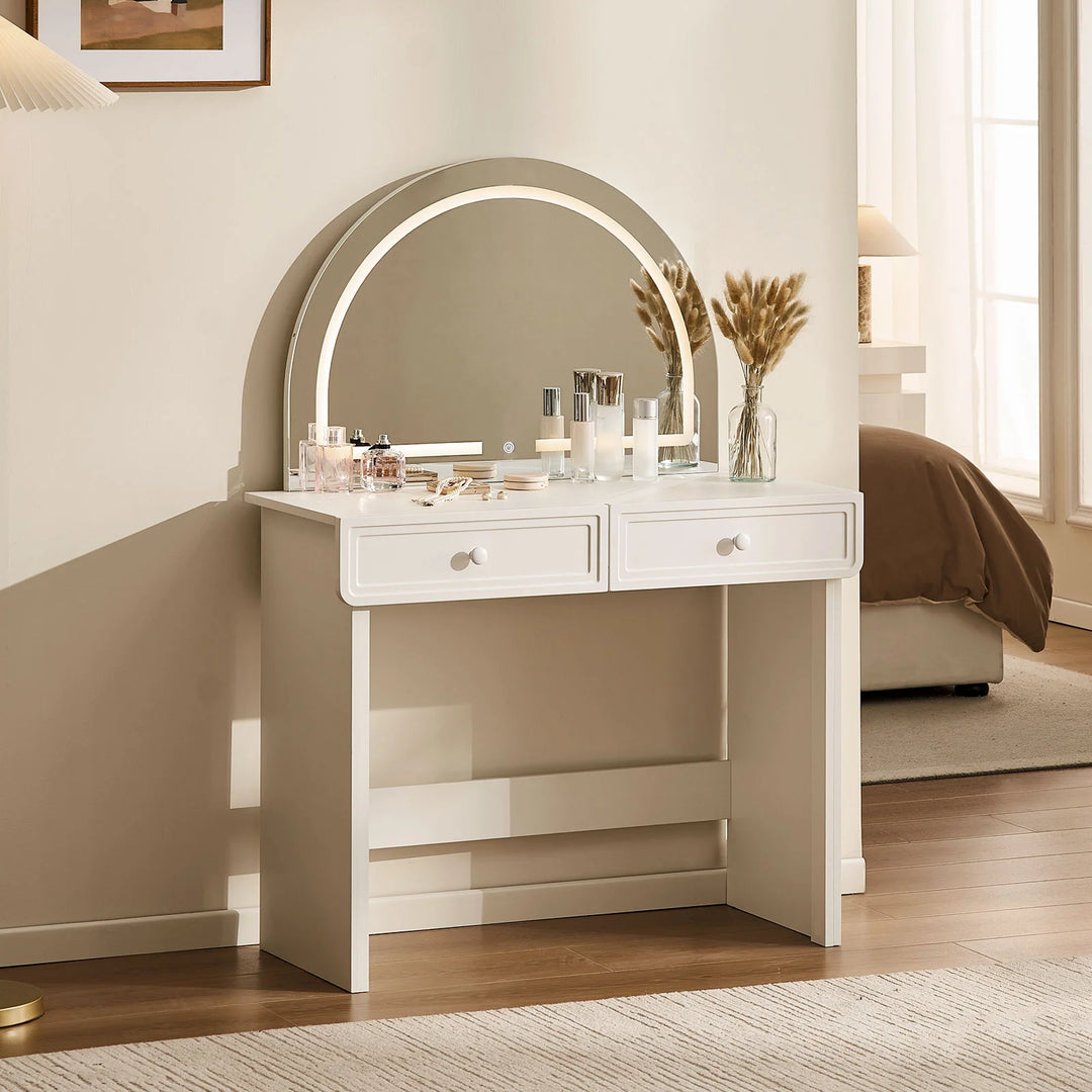 Side view of Ceris LED light dressing table with curved mirror in the bedroom