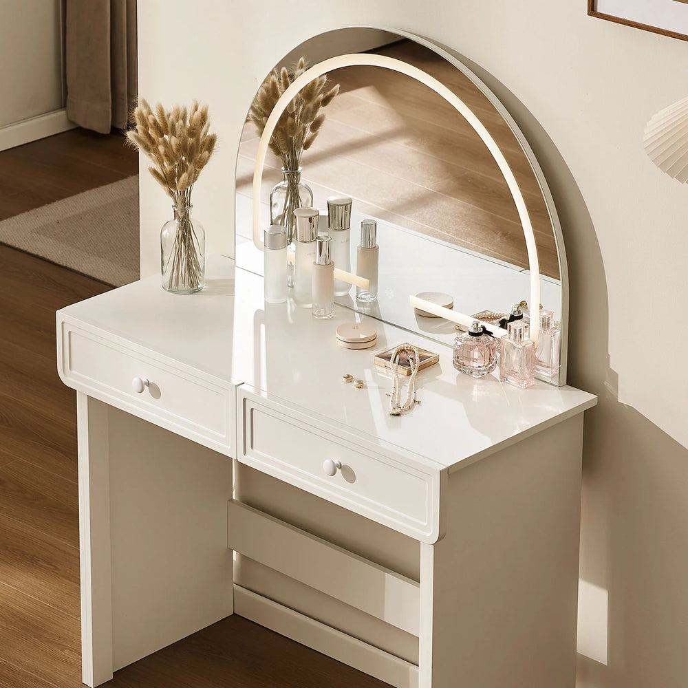 Top view of Ceris curved-mirror vanity table with two drawers