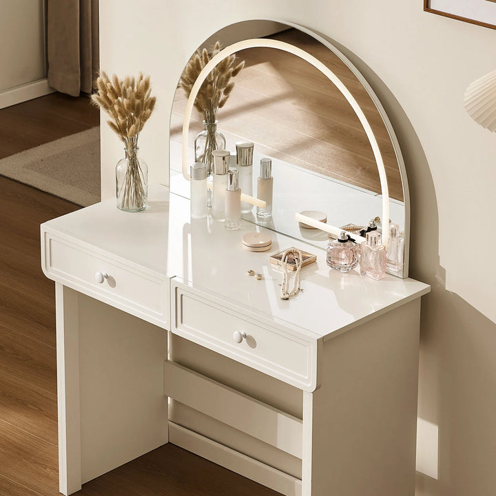 Top view of Ceris curved-mirror vanity table with two drawers