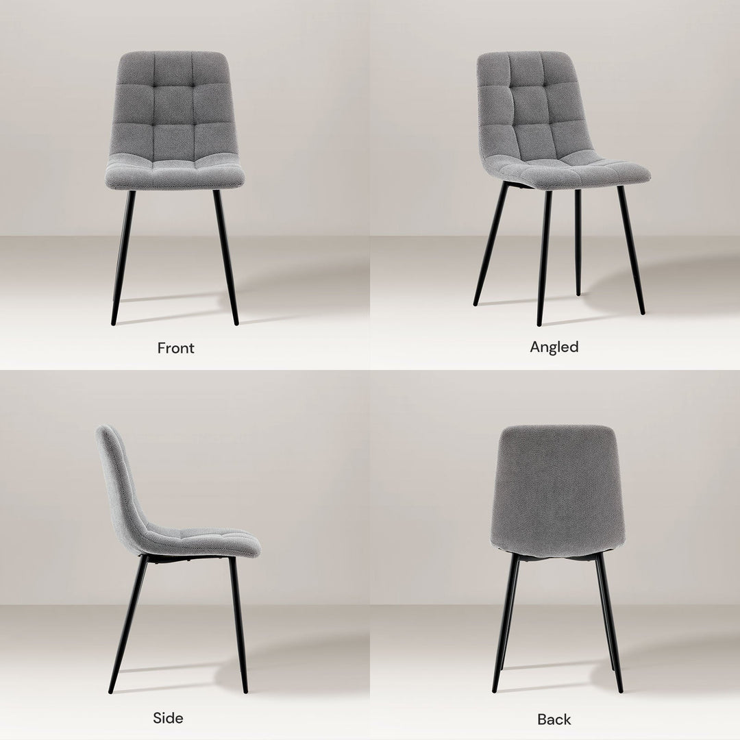 Grey Christie Fabric Dining Chair shown from all angles in natural light