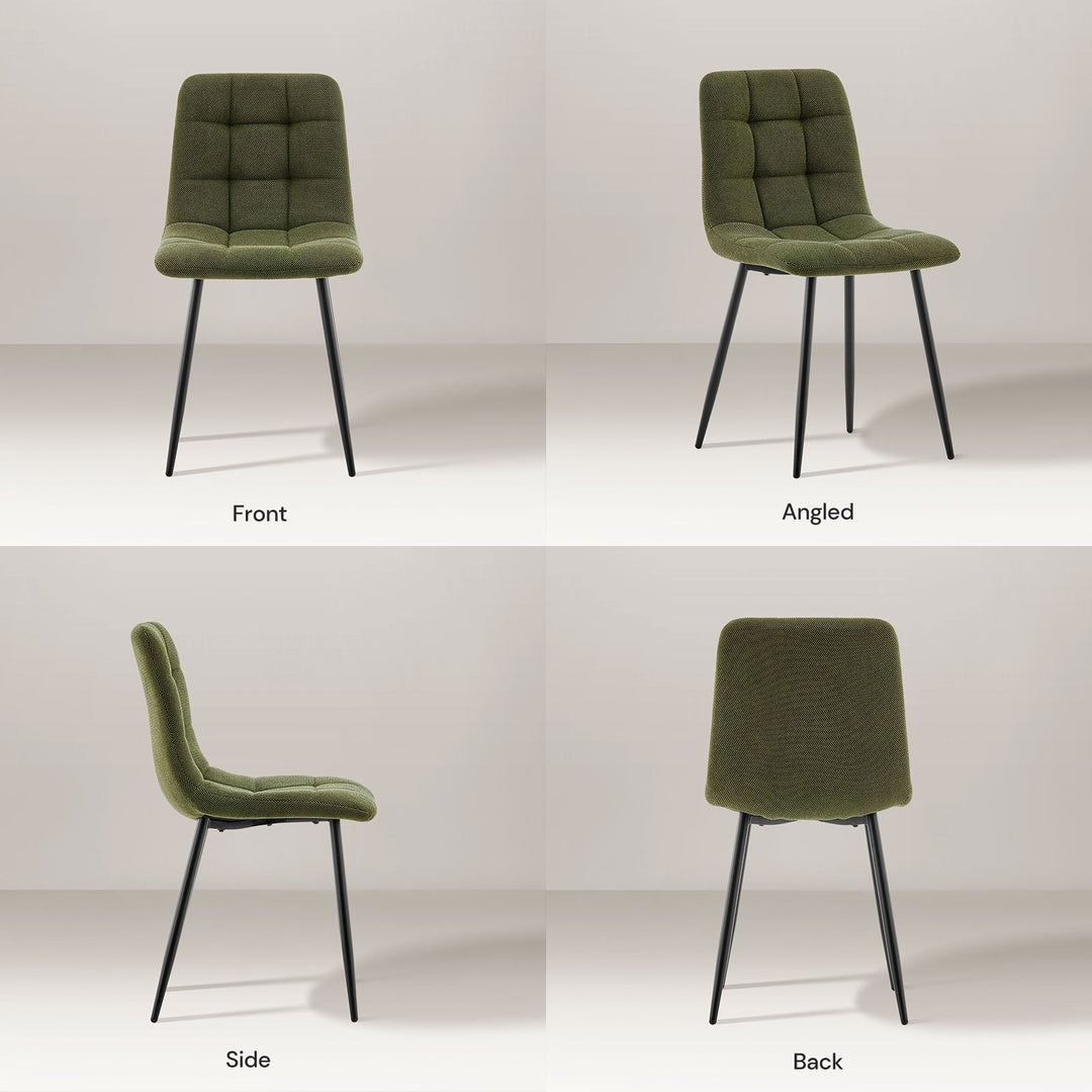 Olive green Christie Fabric Dining Chair shown from all angles in natural light, highlighting its sleek, modern profile.
