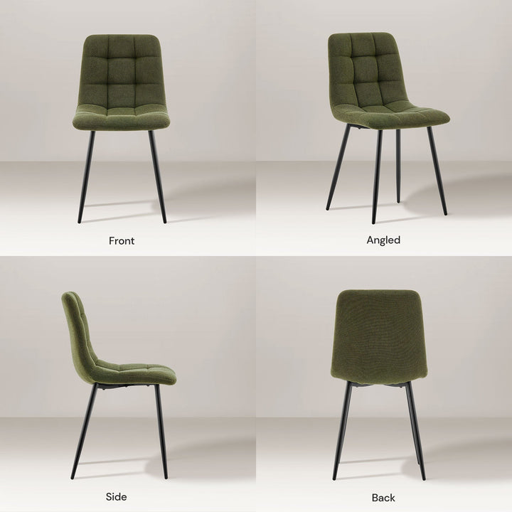 Olive green Christie Fabric Dining Chair shown from all angles in natural light, highlighting its sleek, modern profile.