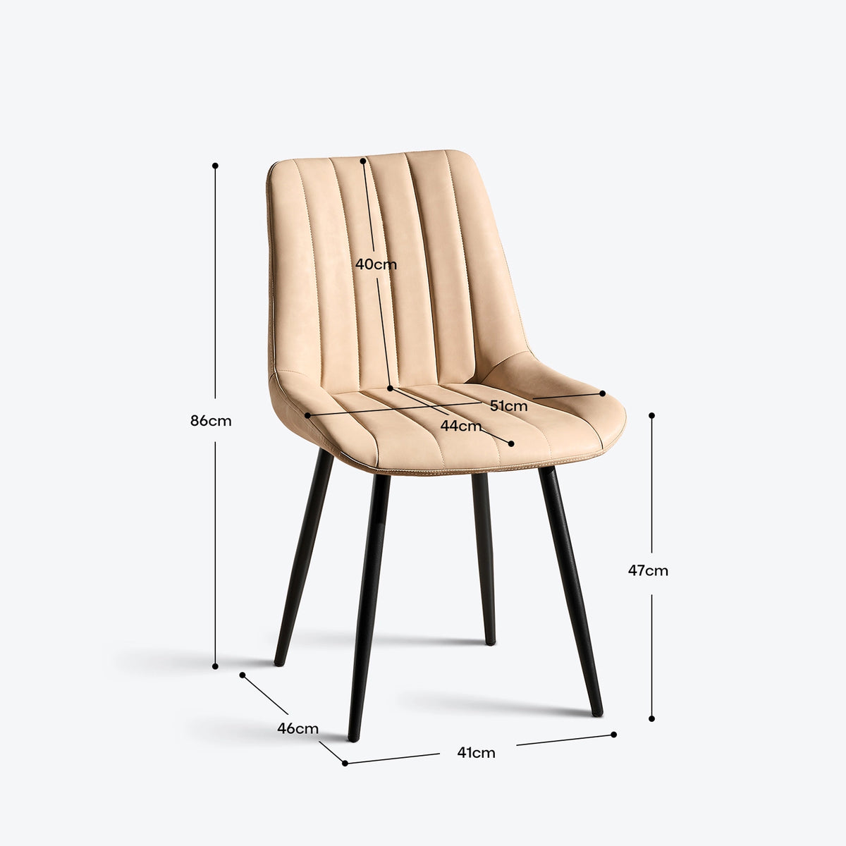Product size specification diagram for the Clair beige dining chair, showing clear seating dimensions and proportions for UK dining spaces.